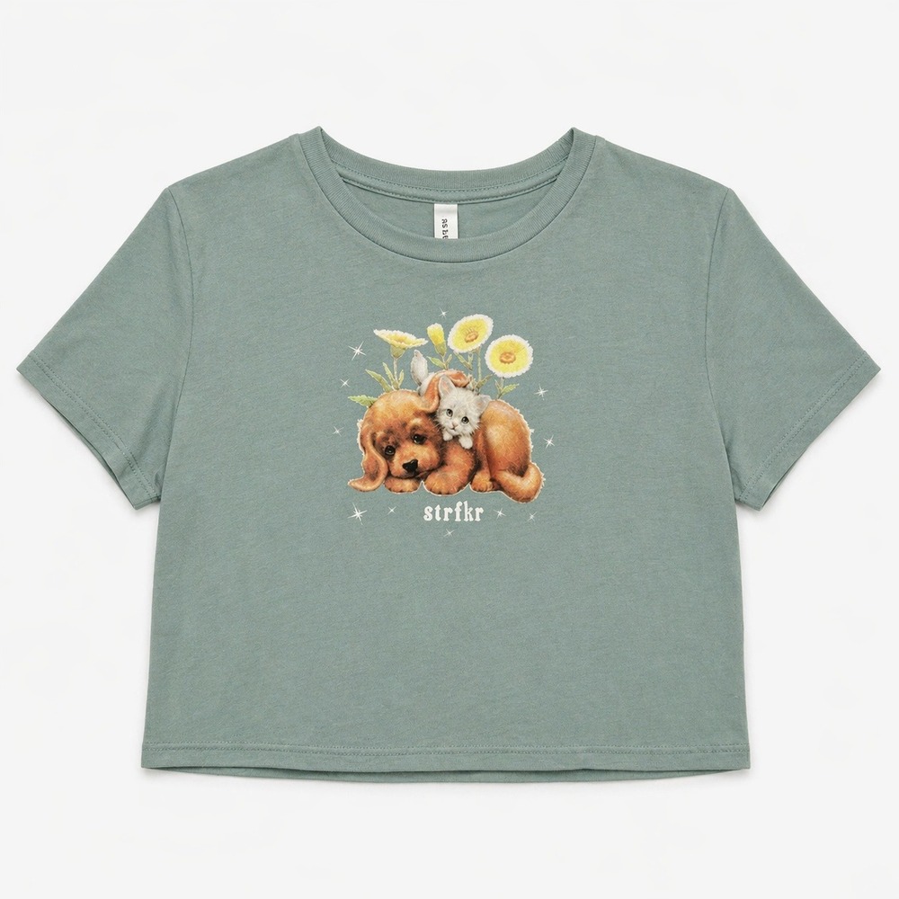 STRFKR Baby Tee Sage Green Dog Kitten Graphic Crop Top M puppy festival baddie